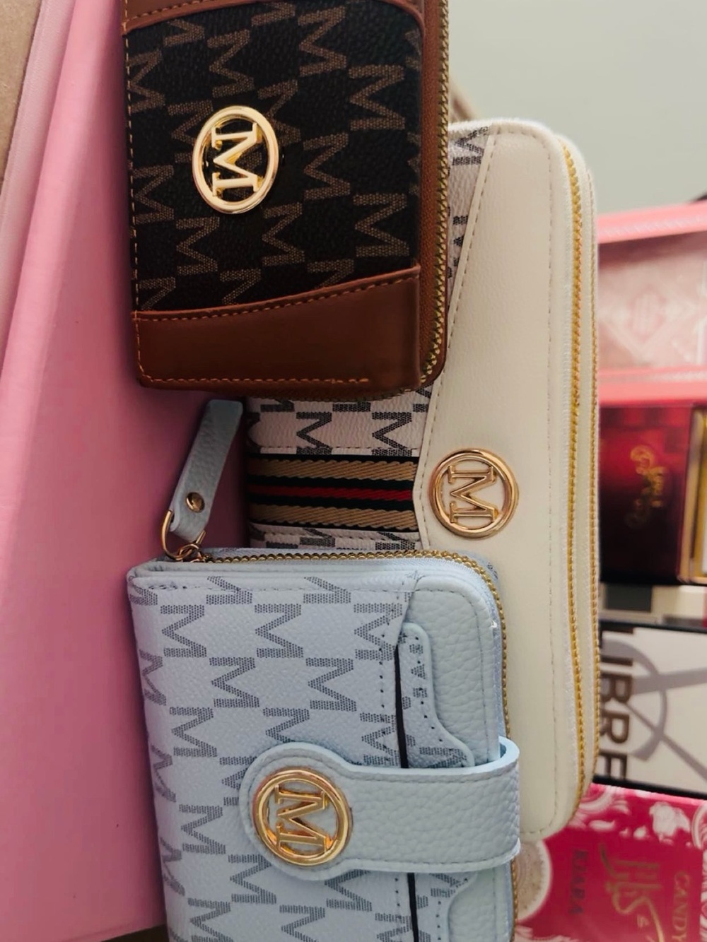 M  Women's Light Blue Signature Logo Wallet with Gold Emblem